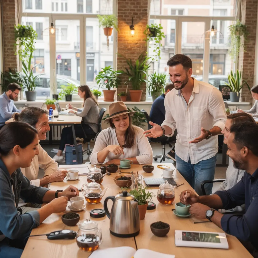 ThГ© Darjeeling servi dans une Г©lГ©gante tasse en porcelaine, Г©voquant un moment de dГ©gustation sophistiquГ©.