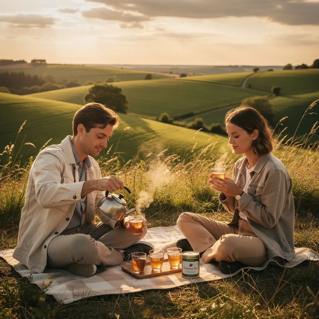 Tasse de thГ© Darjeeling fumante, rГ©vГ©lant des arГґmes complexes et raffinГ©s.